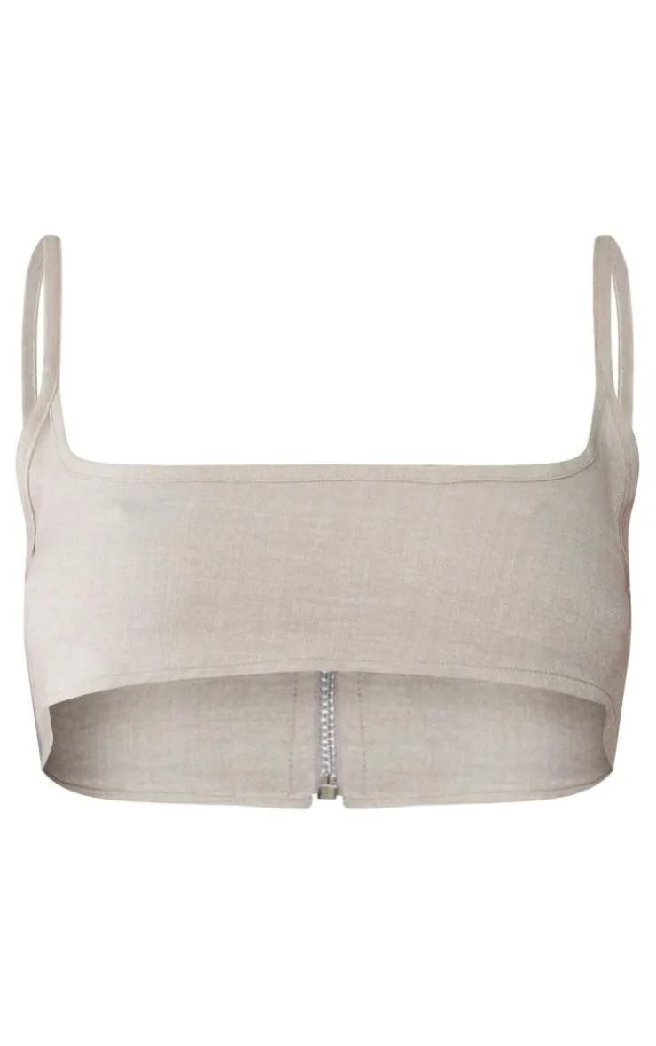 Online PrettyLittleThing Linen Look Strappy Bralet Stone