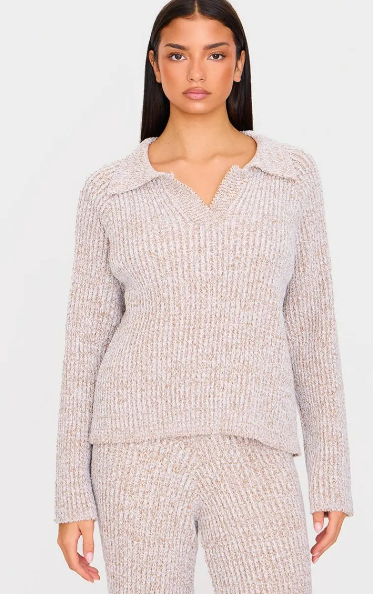 New PrettyLittleThing Marl Knitted V Neck Oversized Sweater Stone