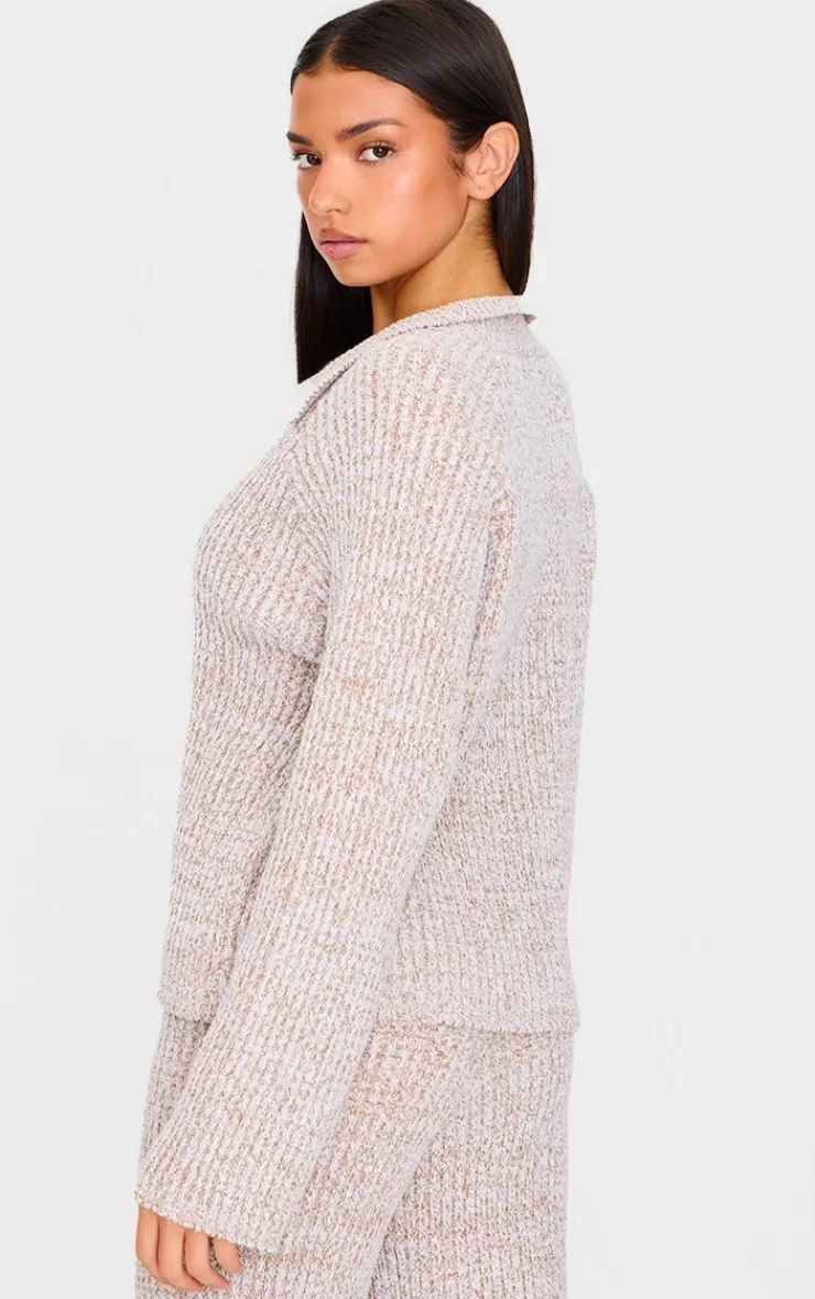 New PrettyLittleThing Marl Knitted V Neck Oversized Sweater Stone
