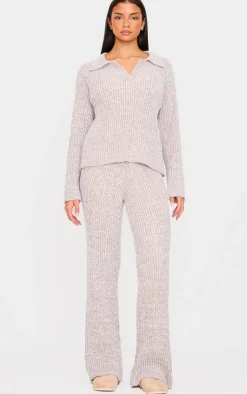 New PrettyLittleThing Marl Knitted V Neck Oversized Sweater Stone