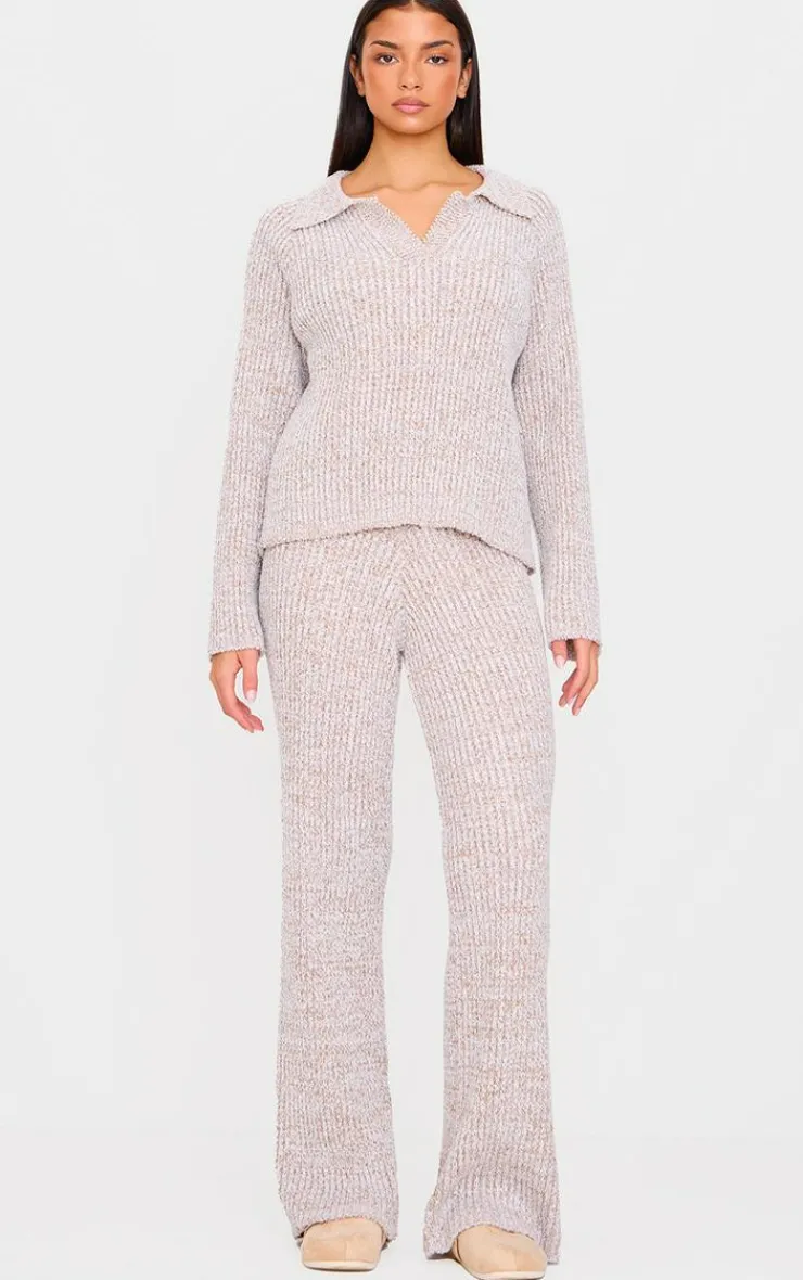 New PrettyLittleThing Marl Knitted V Neck Oversized Sweater Stone