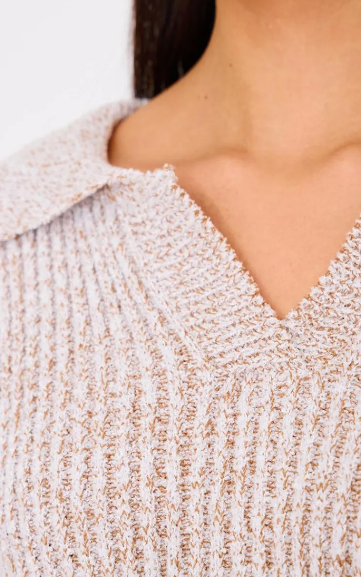 New PrettyLittleThing Marl Knitted V Neck Oversized Sweater Stone