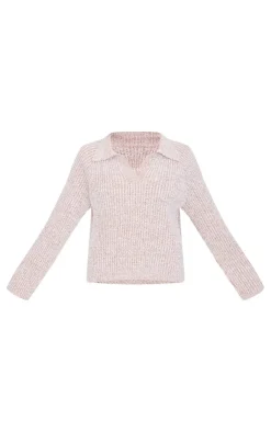 New PrettyLittleThing Marl Knitted V Neck Oversized Sweater Stone