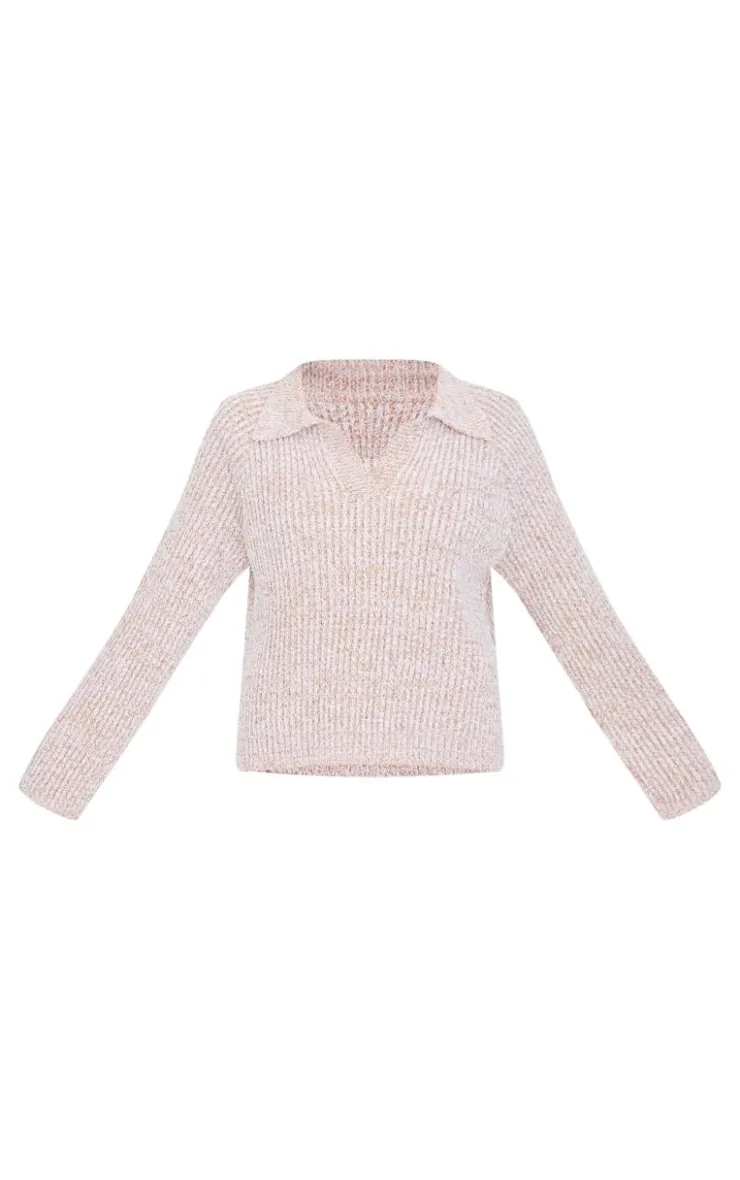 New PrettyLittleThing Marl Knitted V Neck Oversized Sweater Stone