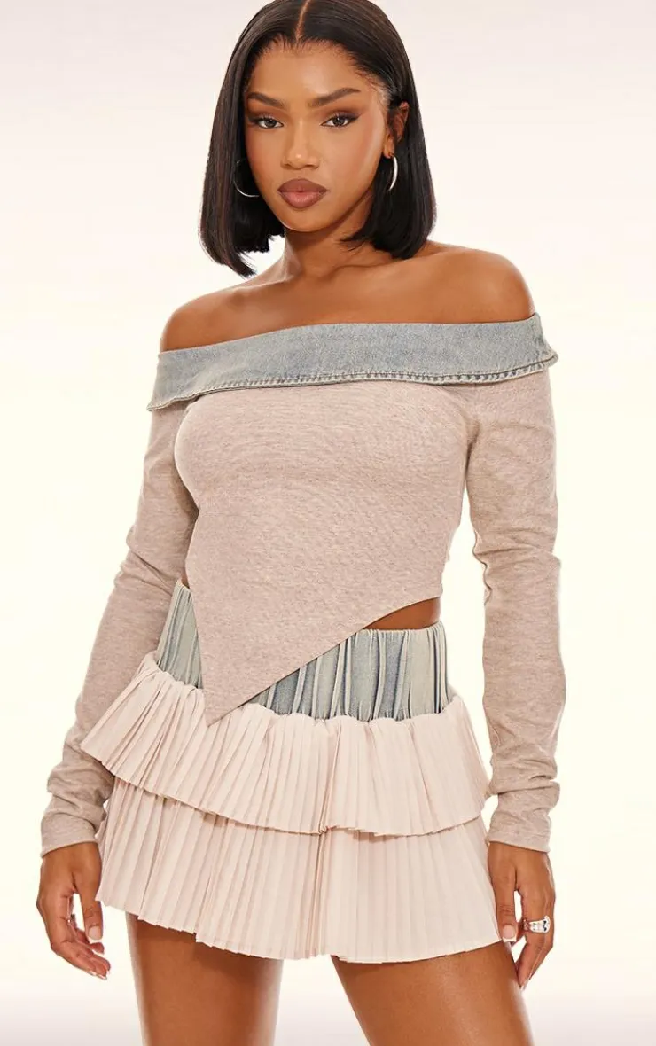 Outlet PrettyLittleThing Off The Shoulder Scoop Neck Denim Collar Top Stone