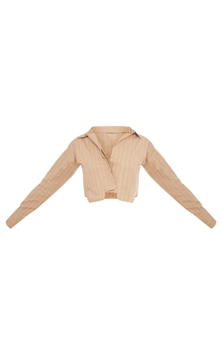 Outlet PrettyLittleThing Poplin Pinstripe Pocket Detail Cropped Shirt Stone