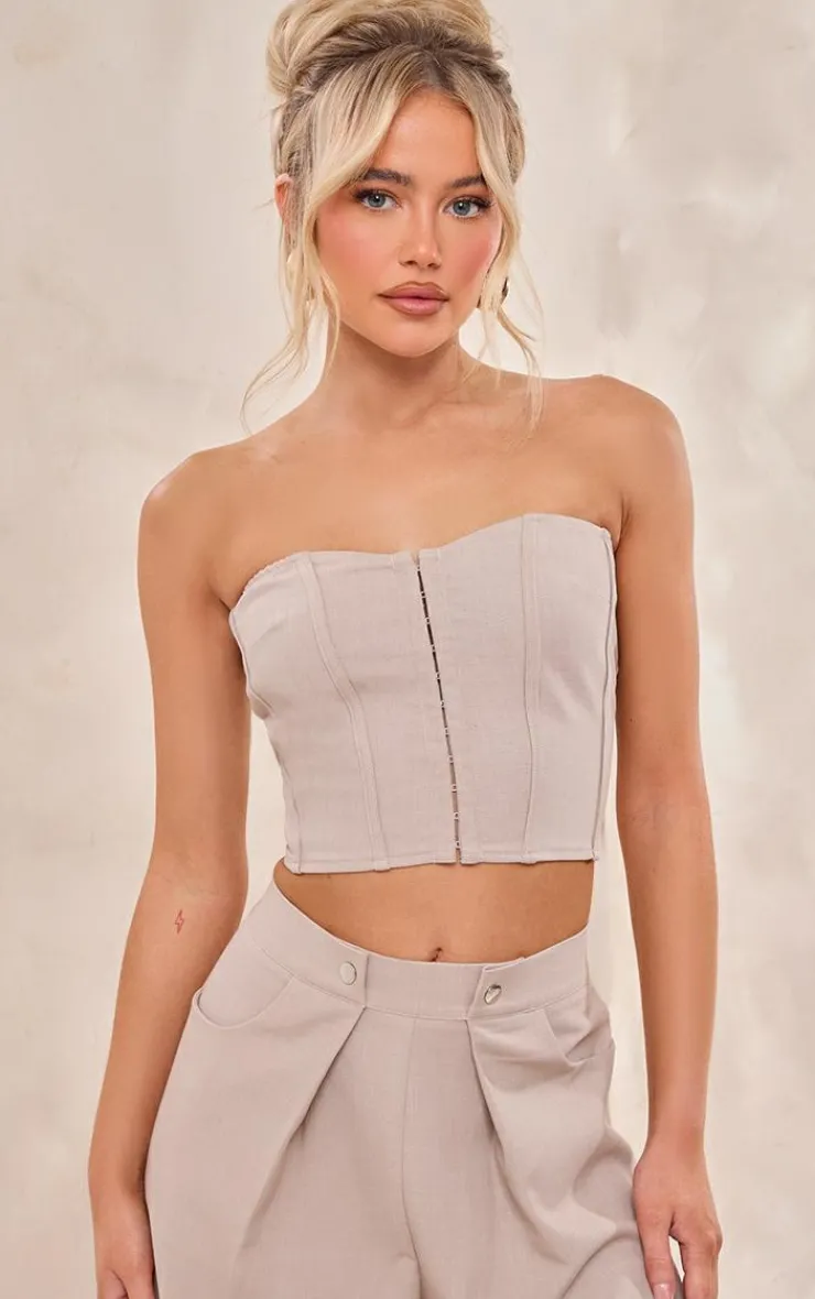 Discount PrettyLittleThing Premium Woven Hook & Eye Detail Bandeau Corset Stone