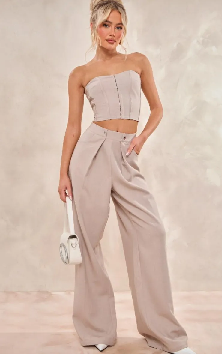 Discount PrettyLittleThing Premium Woven Hook & Eye Detail Bandeau Corset Stone