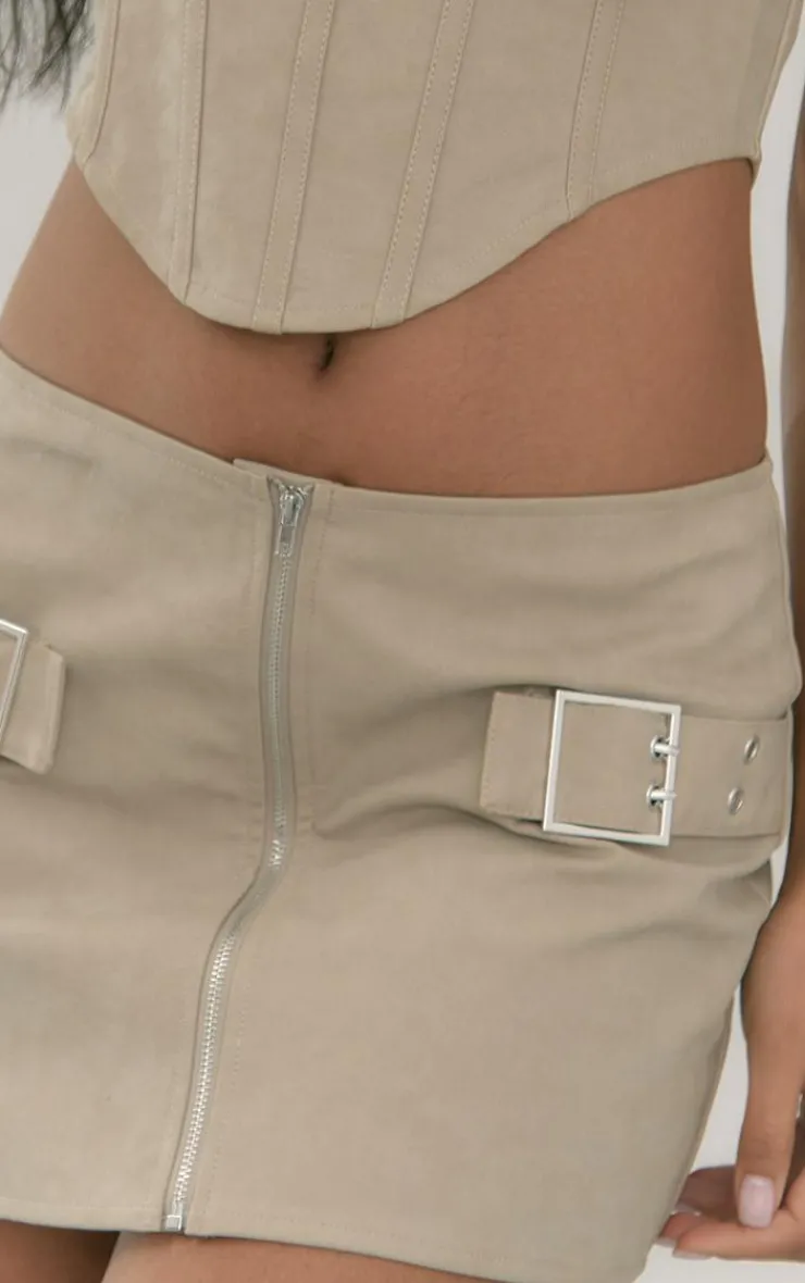 Clearance PrettyLittleThing PU Buckle Strap Detail Low Rise Micro Mini Skirt Stone