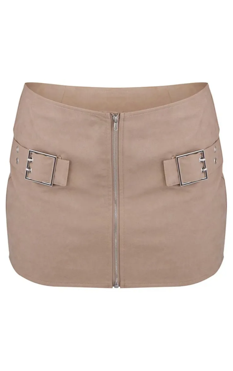 Clearance PrettyLittleThing PU Buckle Strap Detail Low Rise Micro Mini Skirt Stone