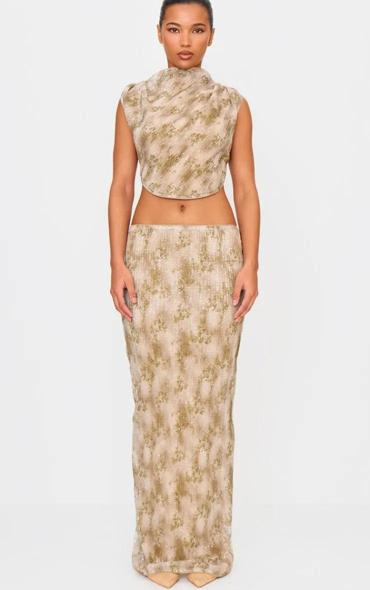 Outlet PrettyLittleThing Sequin Mid Rise Maxi Skirt Stone