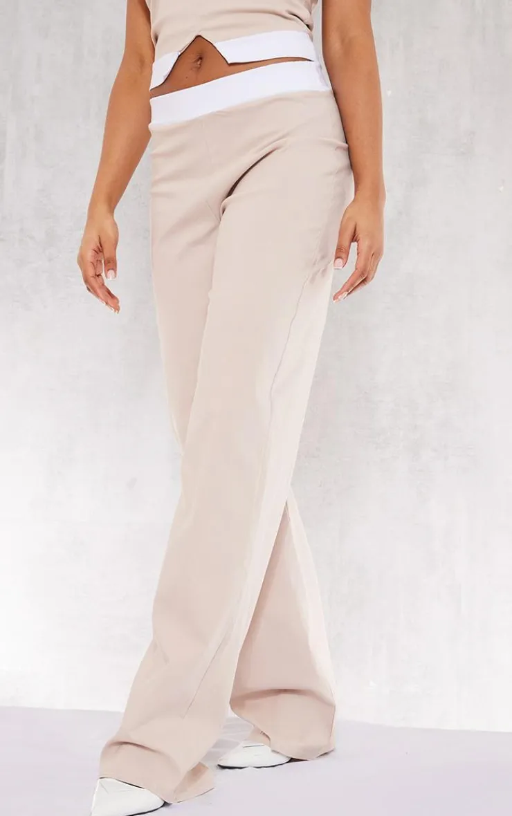 Outlet PrettyLittleThing Stretch Woven Contrast Wide Leg Pants Stone