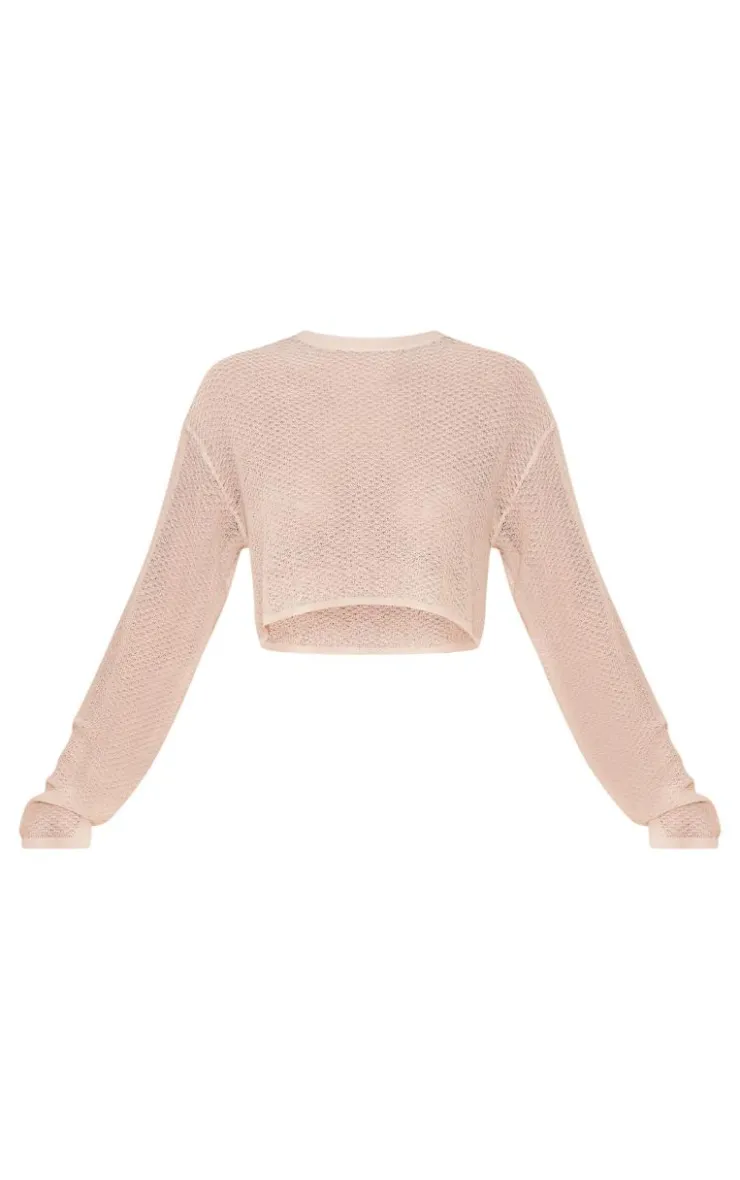 Outlet PrettyLittleThing Textured Sheer Knit Floaty Long Sleeve Crop Top Stone