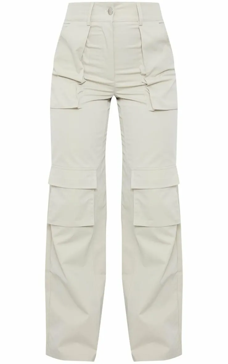 New PrettyLittleThing Twill Pocket Detail High Waist Cargo Pants Stone