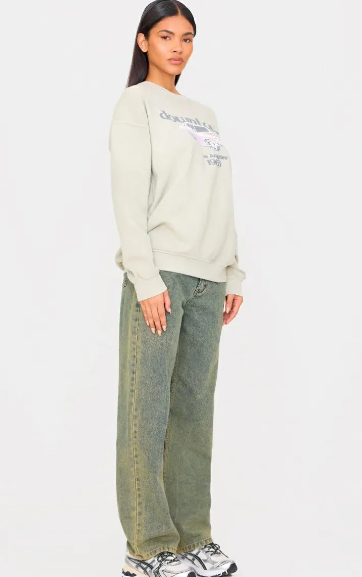 Stone Washed Downtown Car Printed Sweatshirt