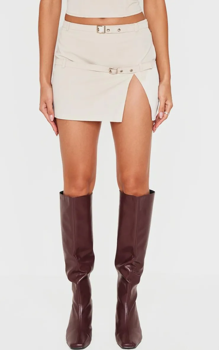 New PrettyLittleThing Woven Tailored Belt Detail Micro Mini Skirt Stone
