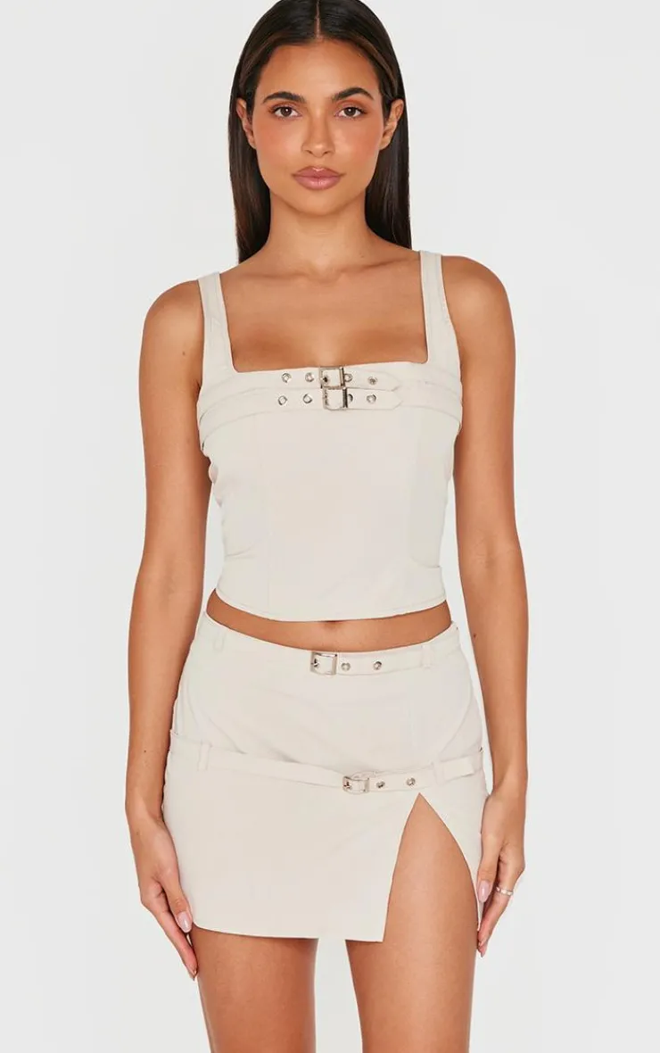 New PrettyLittleThing Woven Tailored Belt Detail Micro Mini Skirt Stone