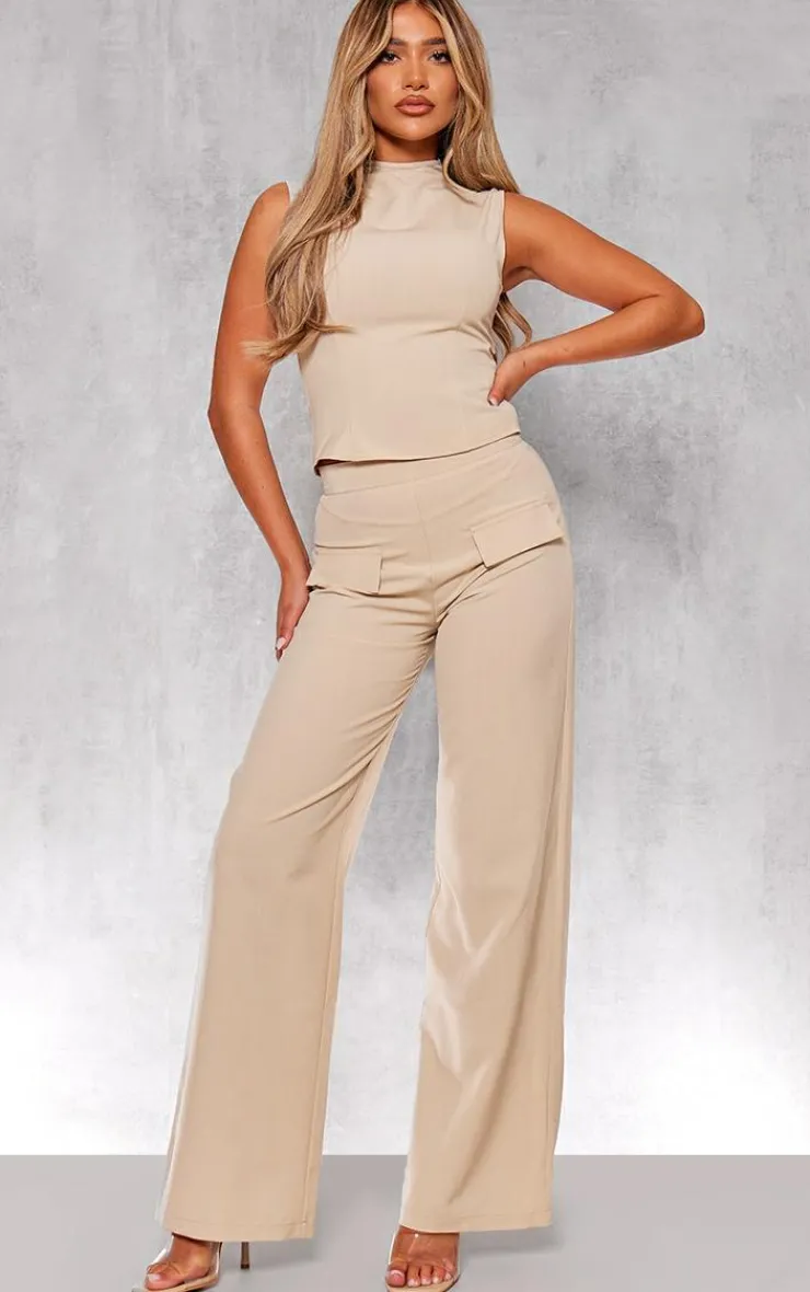 Hot PrettyLittleThing Woven Tailored Wide Leg Pocket Detail Pants Stone