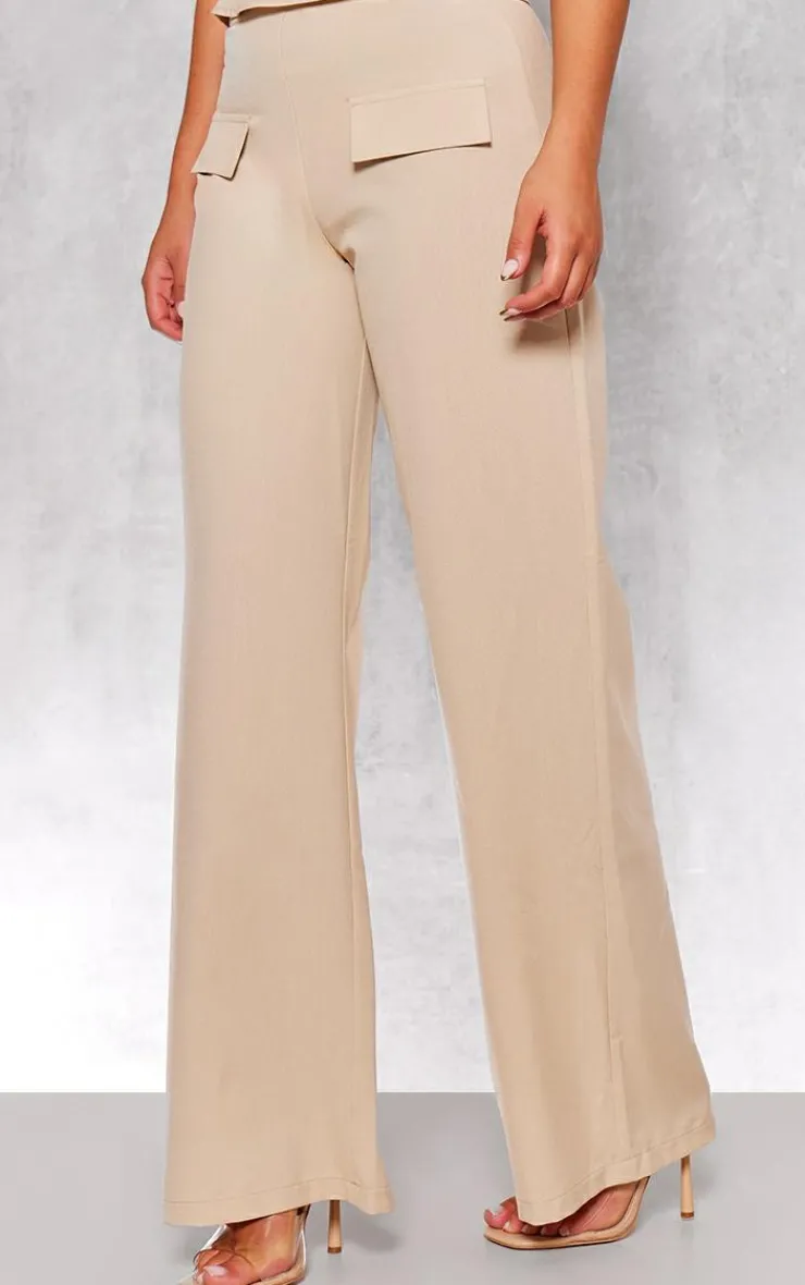 Hot PrettyLittleThing Woven Tailored Wide Leg Pocket Detail Pants Stone