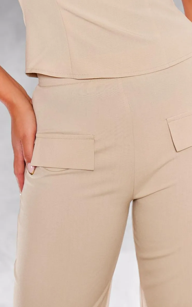 Hot PrettyLittleThing Woven Tailored Wide Leg Pocket Detail Pants Stone