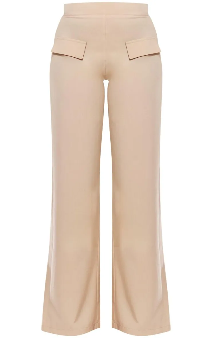 Hot PrettyLittleThing Woven Tailored Wide Leg Pocket Detail Pants Stone