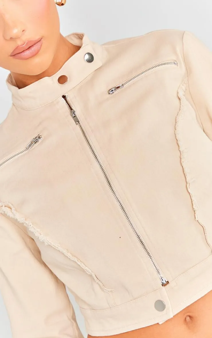 Online PrettyLittleThing Woven Twill Raw Edge Seam Detail Cropped Jacket Stone