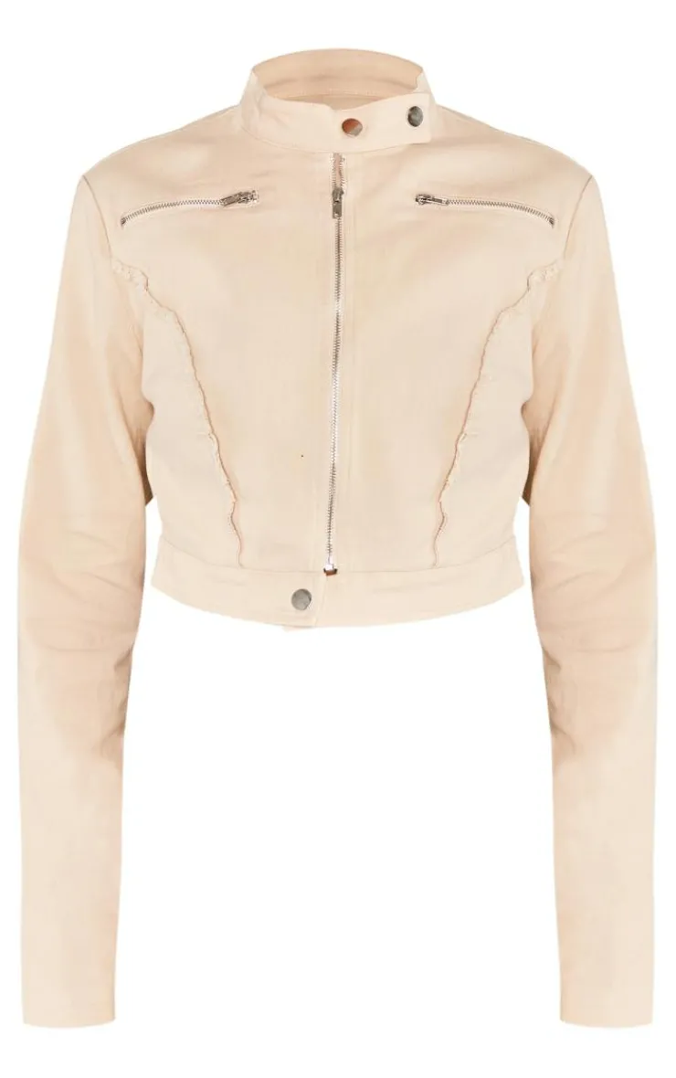 Online PrettyLittleThing Woven Twill Raw Edge Seam Detail Cropped Jacket Stone