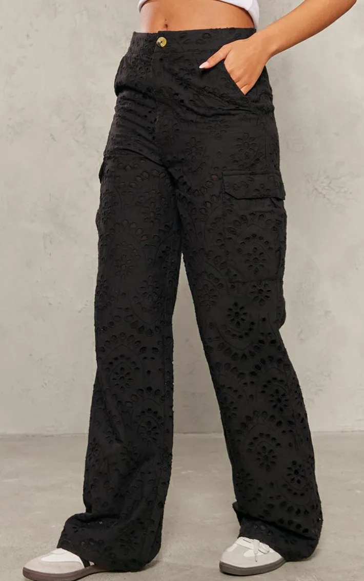 Tall Black Broderie Wide Leg Pants