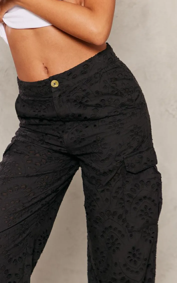 Tall Black Broderie Wide Leg Pants