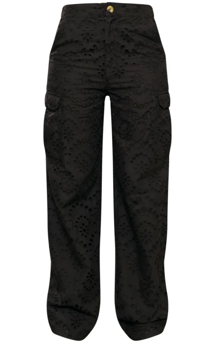 Tall Black Broderie Wide Leg Pants