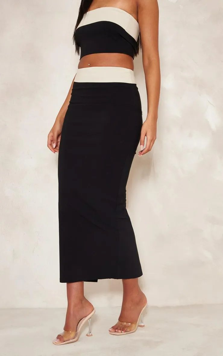Outlet PrettyLittleThing Tall Contrast Fold Over Midaxi Skirt Black