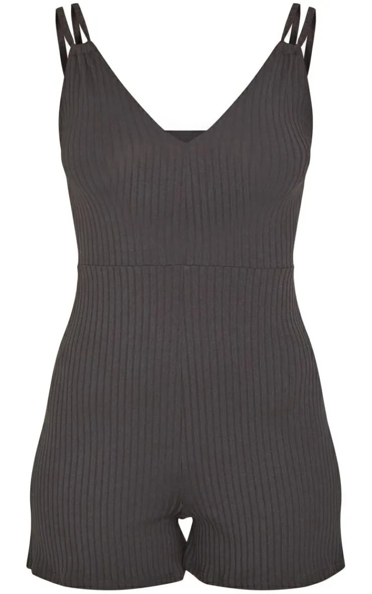 PrettyLittleThing Unitards*Tall Double Strap Rib Plunge Romper