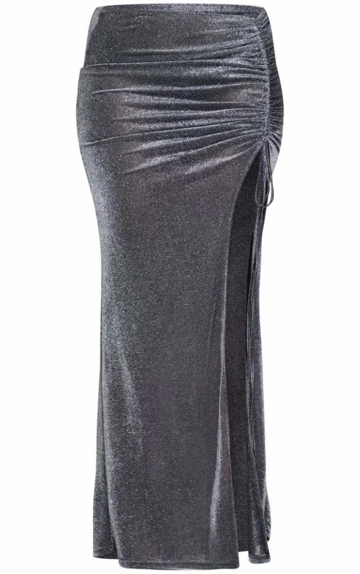 Outlet PrettyLittleThing Tall Glitter Ruched Split Midaxi Skirt Black