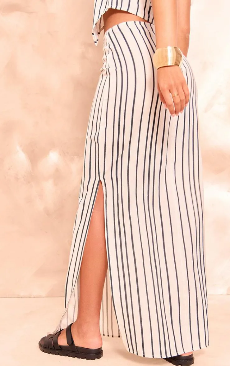 Clearance PrettyLittleThing Tall Linen Pinstripe Low Waist Maxi Skirt Black