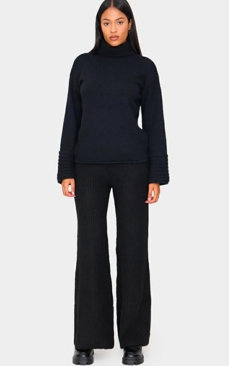 Hot PrettyLittleThing Tall Luxe Rib Knit Wide Leg Pants Black