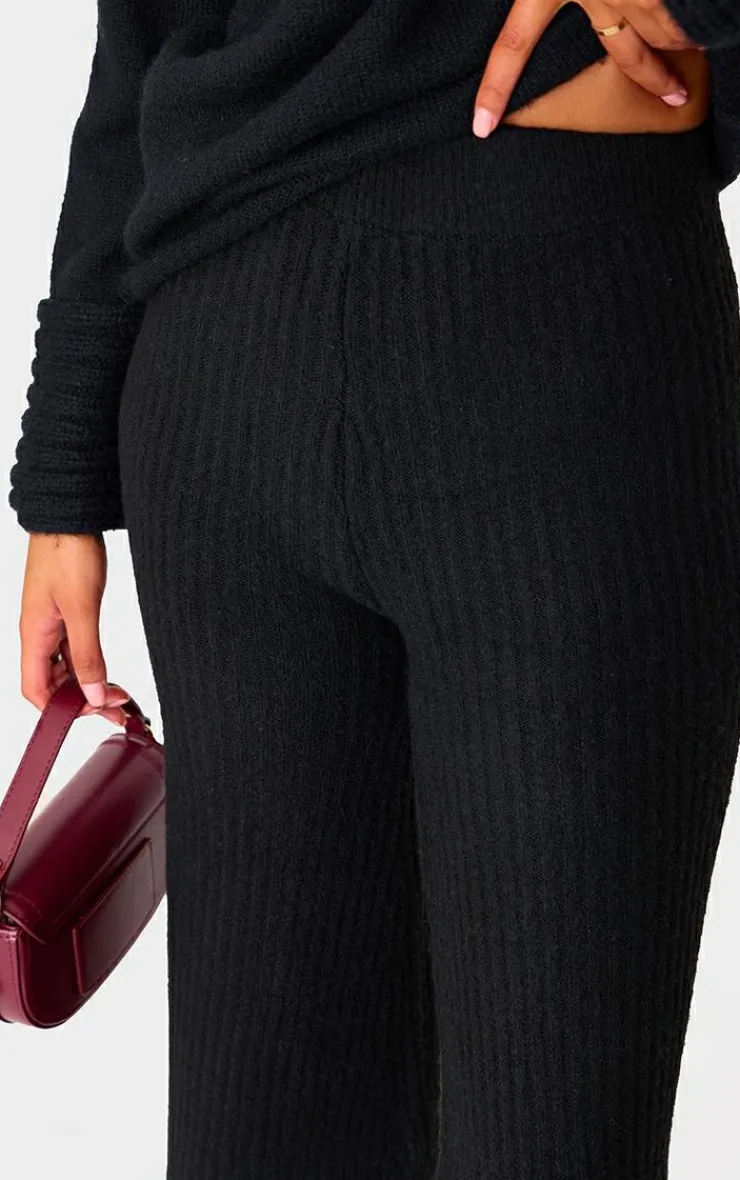 Hot PrettyLittleThing Tall Luxe Rib Knit Wide Leg Pants Black