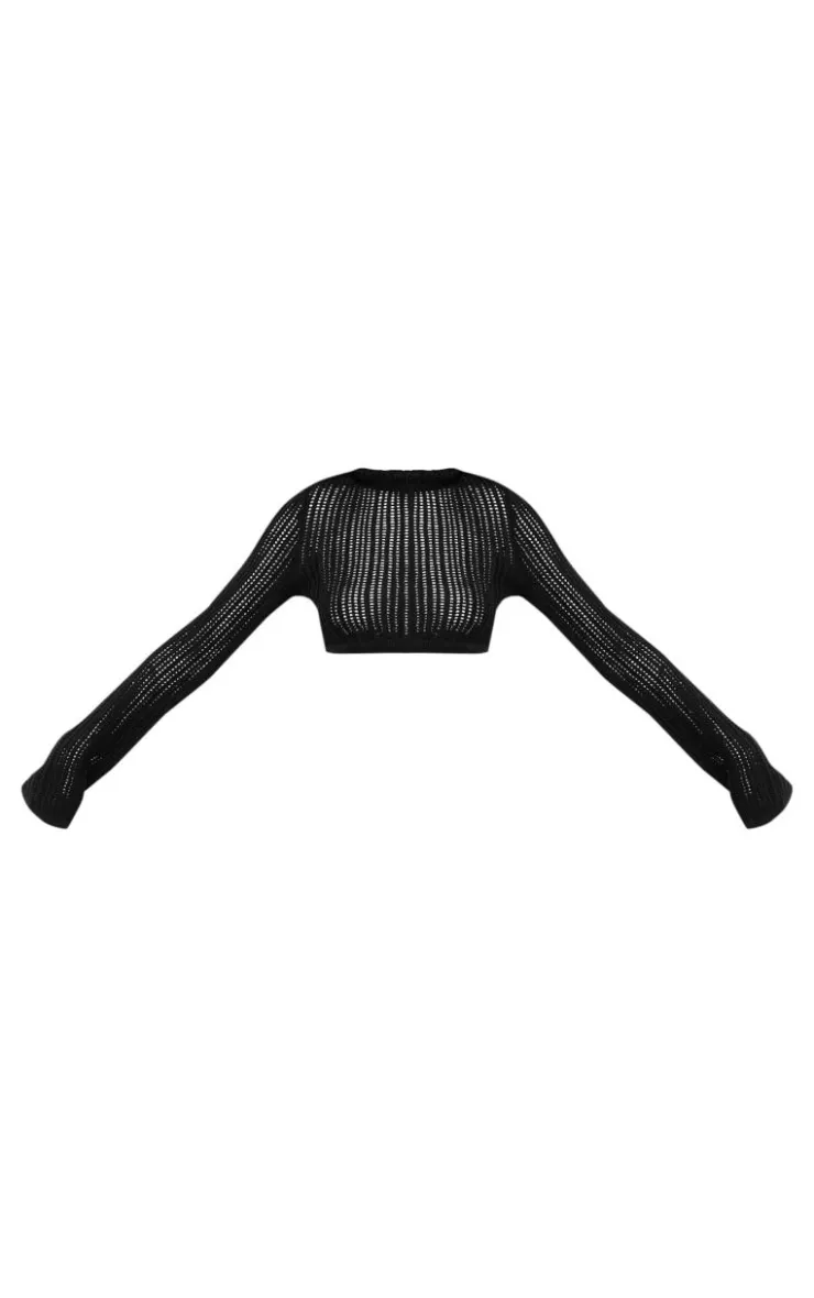 Online PrettyLittleThing Tall Open Knit Long Sleeve High Neck Top Black