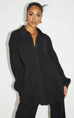 Sale PrettyLittleThing Tall Plisse Oversized Shirt Black
