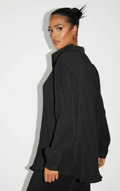 Sale PrettyLittleThing Tall Plisse Oversized Shirt Black