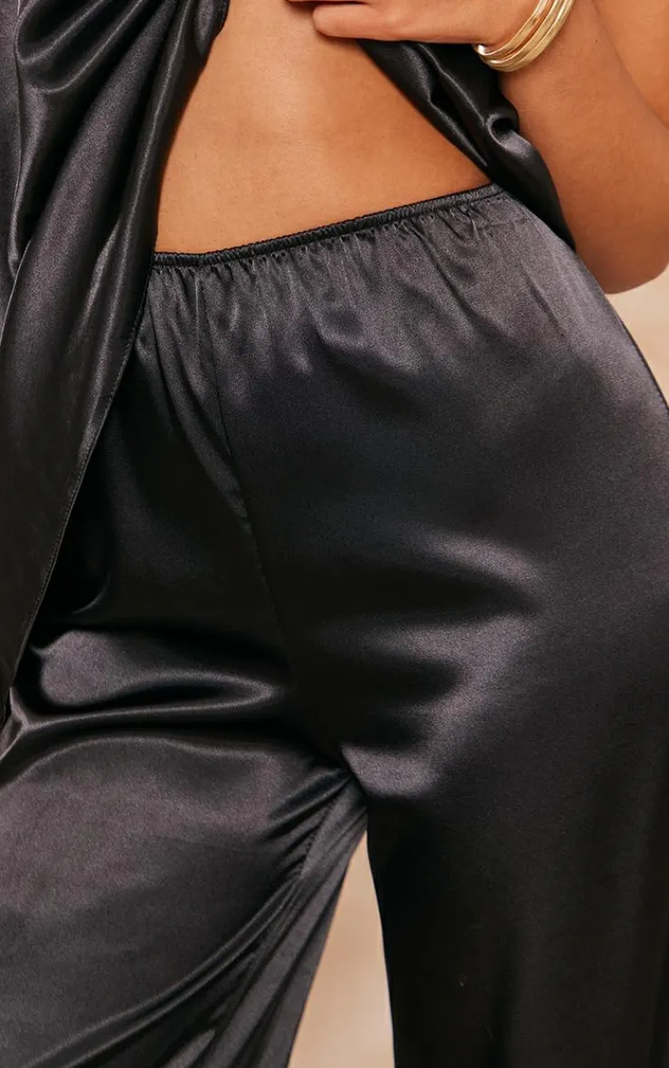 Online PrettyLittleThing Tall Satin Wide Leg Detail Pants Black