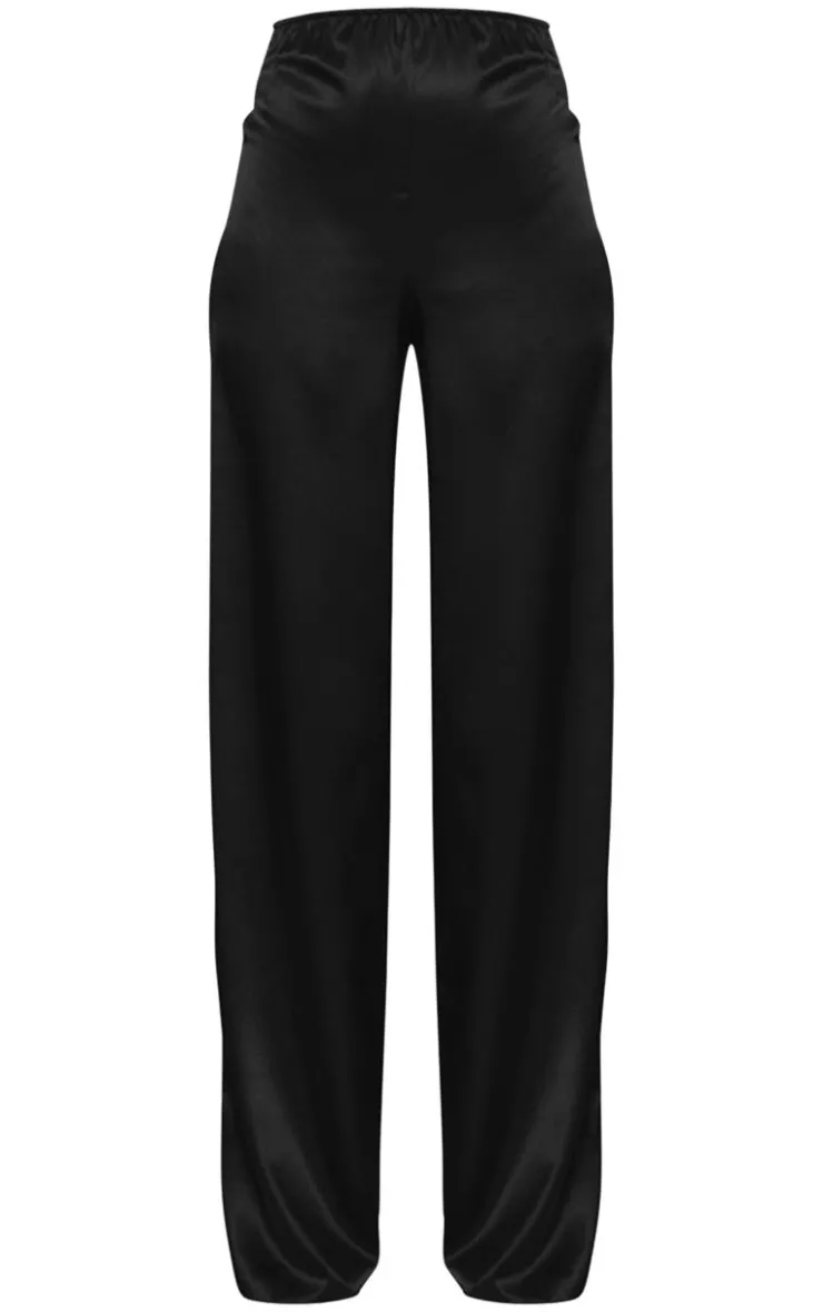 Online PrettyLittleThing Tall Satin Wide Leg Detail Pants Black