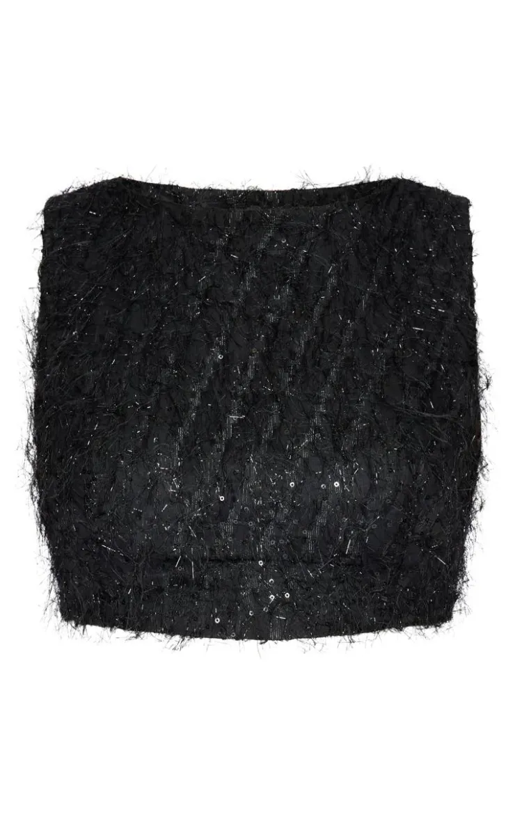 Discount PrettyLittleThing Tall Sequin Detail Open Back Crop Top Black