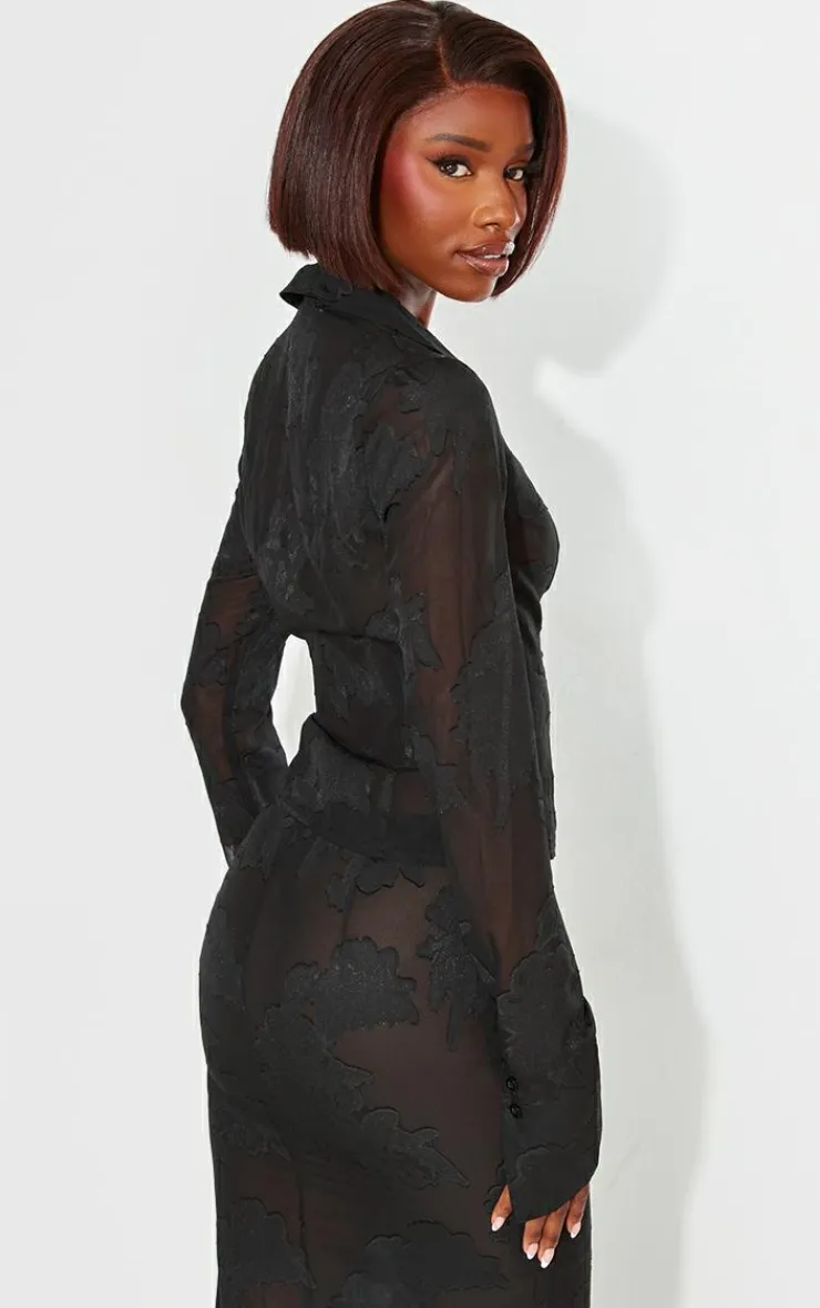 Hot PrettyLittleThing Tall Sheer Floral Mesh Fitted Shirt Black