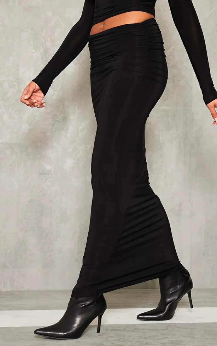 New PrettyLittleThing Tall Slinky Ruched Midaxi Skirt Black