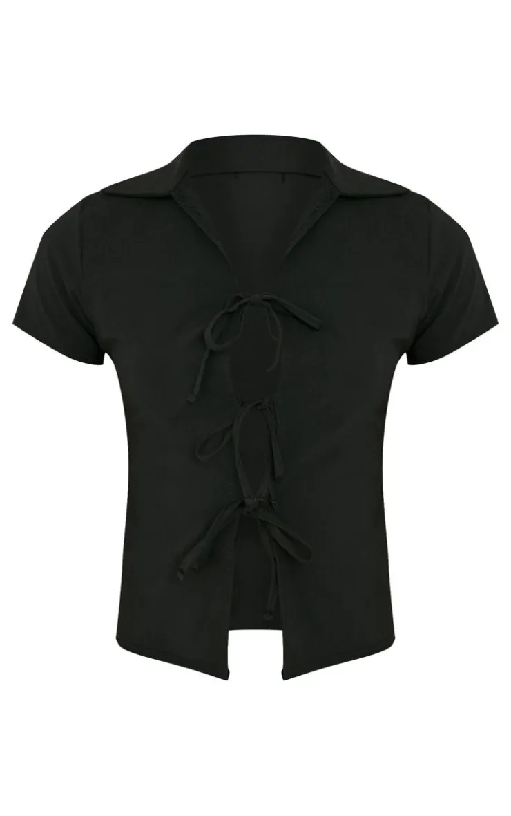Online PrettyLittleThing Tall Stretch Woven Tie Front Top Black