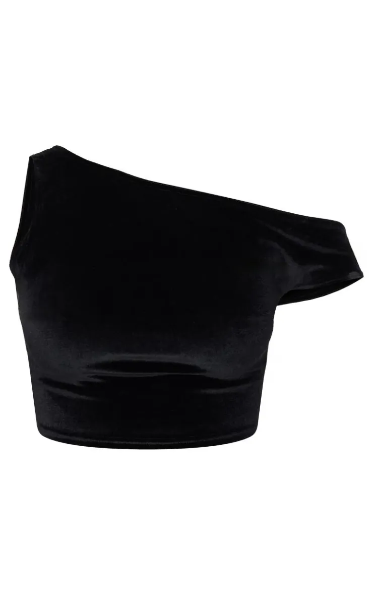Discount PrettyLittleThing Tall Velvet Asymmetric Crop Top Black