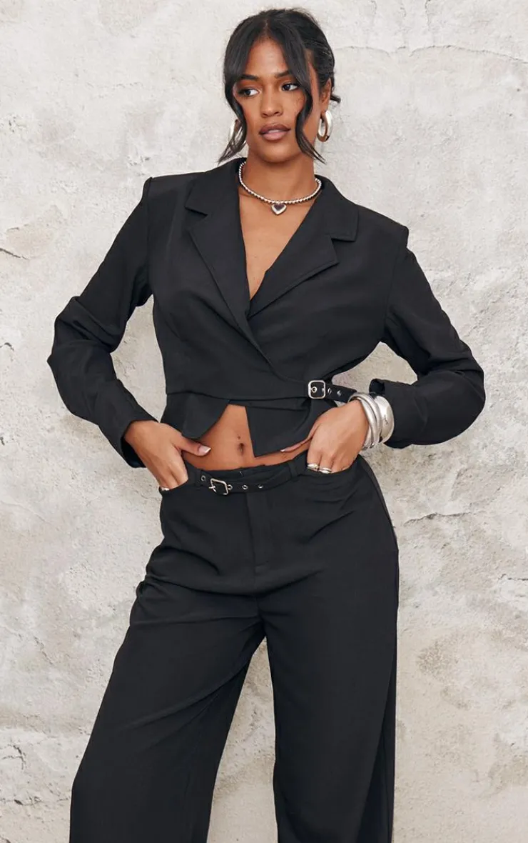 Hot PrettyLittleThing Tall Woven Buckle Detail Wide Leg Pants Black