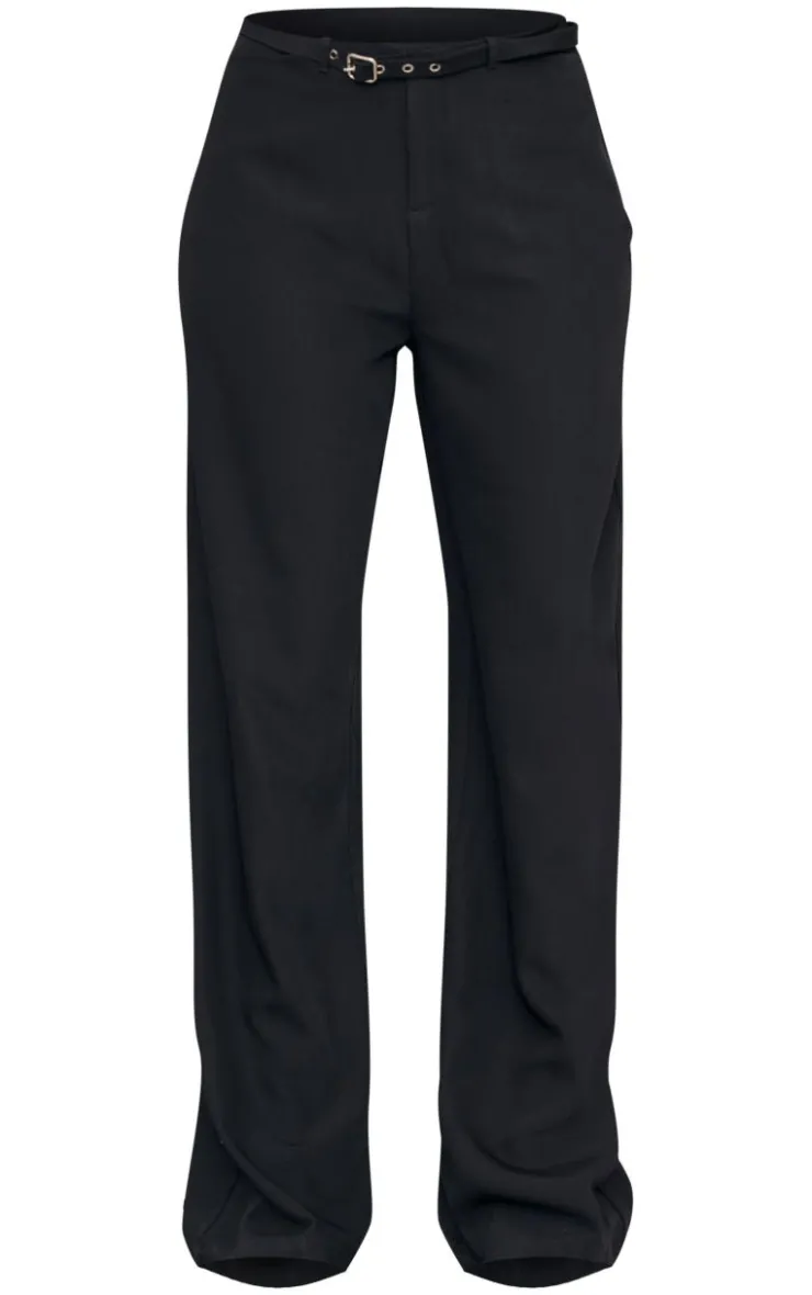 Hot PrettyLittleThing Tall Woven Buckle Detail Wide Leg Pants Black