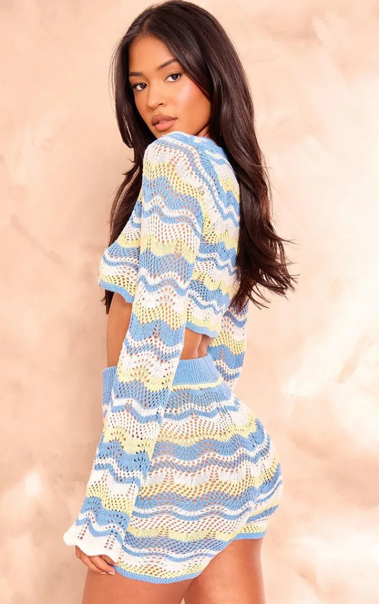 New PrettyLittleThing Tall Open Knit Long Sleeve Crop Top Blue