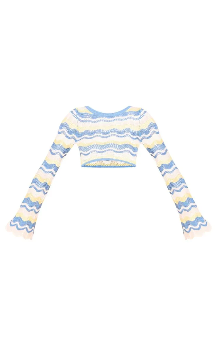 New PrettyLittleThing Tall Open Knit Long Sleeve Crop Top Blue